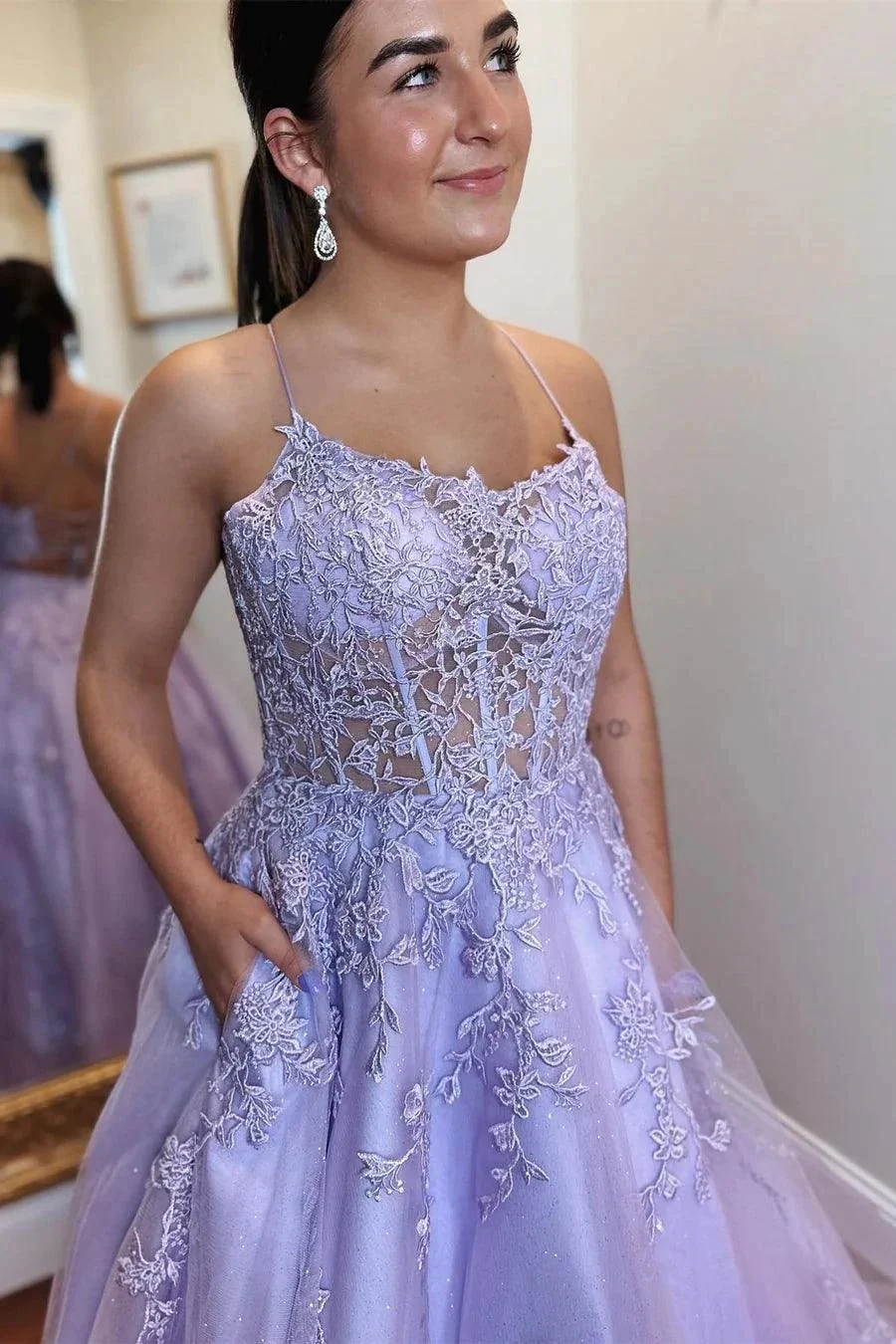 A-Line Lavender Tulle Applique Lace Up Back  Prom Evening Dress PSK429 - Image 3