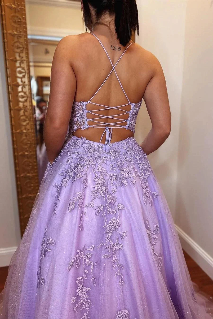 A-Line Lavender Tulle Applique Lace Up Back  Prom Evening Dress PSK429 - Image 4