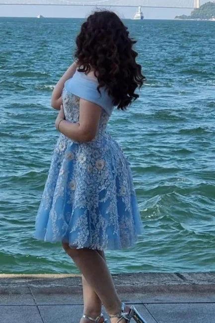A-Line Light Blue Off The Shoulder Tulle Short Sleeve Prom Dresses with Appliques - Image 2