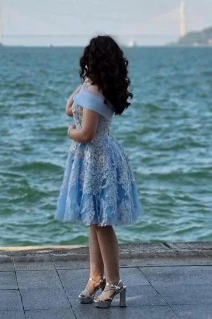 A-Line Light Blue Off The Shoulder Tulle Short Sleeve Prom Dresses with Appliques - Image 3