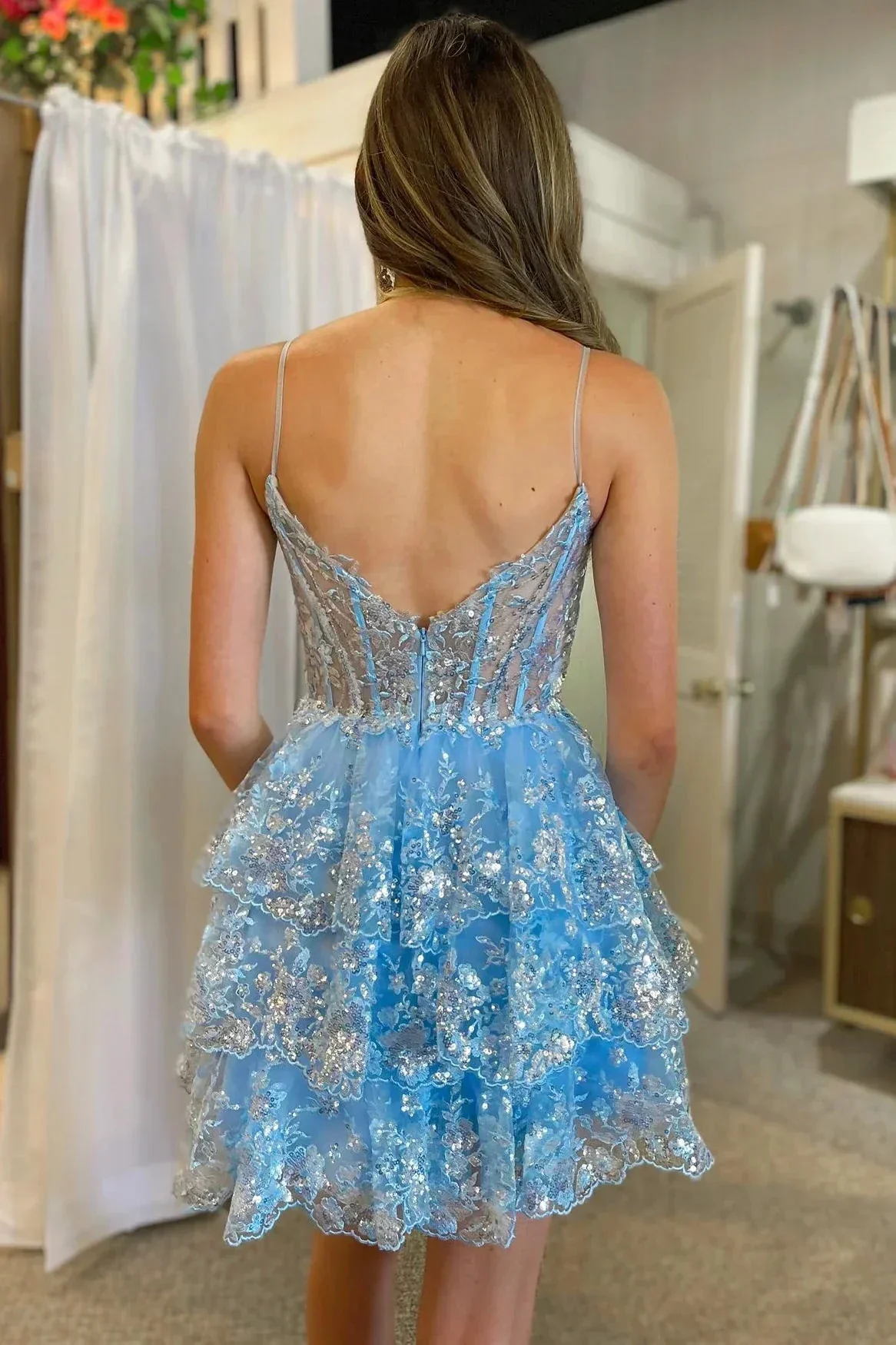 A-Line Light Blue Sequins Multi-Layers Short Homecoming Dress Y2764 - Image 3