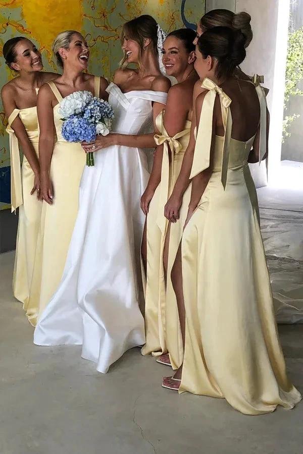 A-Line Light Yellow Scoop Neck Bridesmaid Dress with Slit BD124 - Image 2