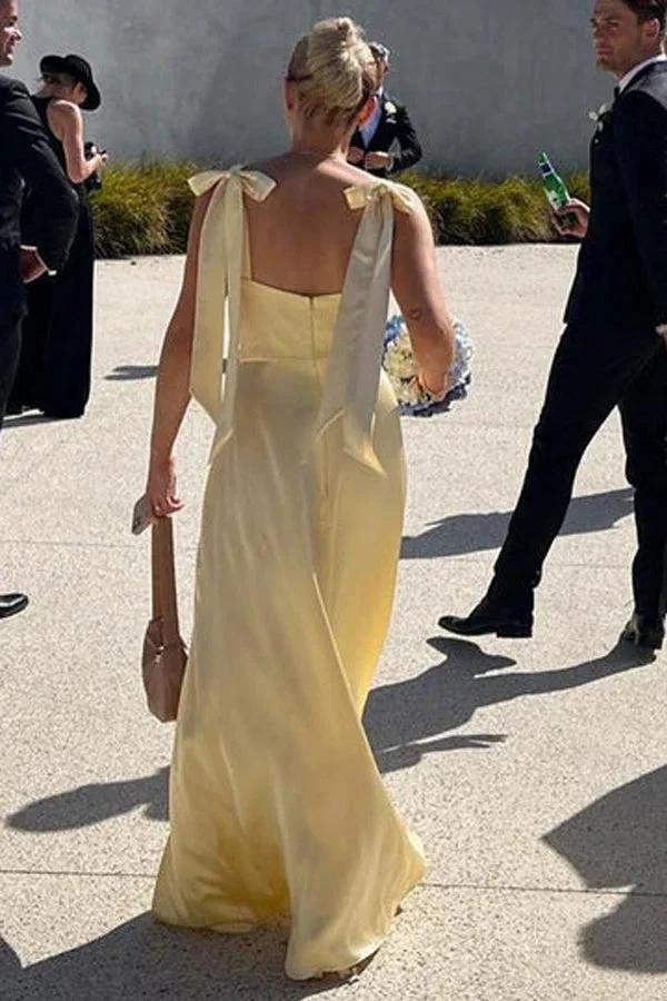 A-Line Light Yellow Scoop Neck Bridesmaid Dress with Slit BD124 - Image 3