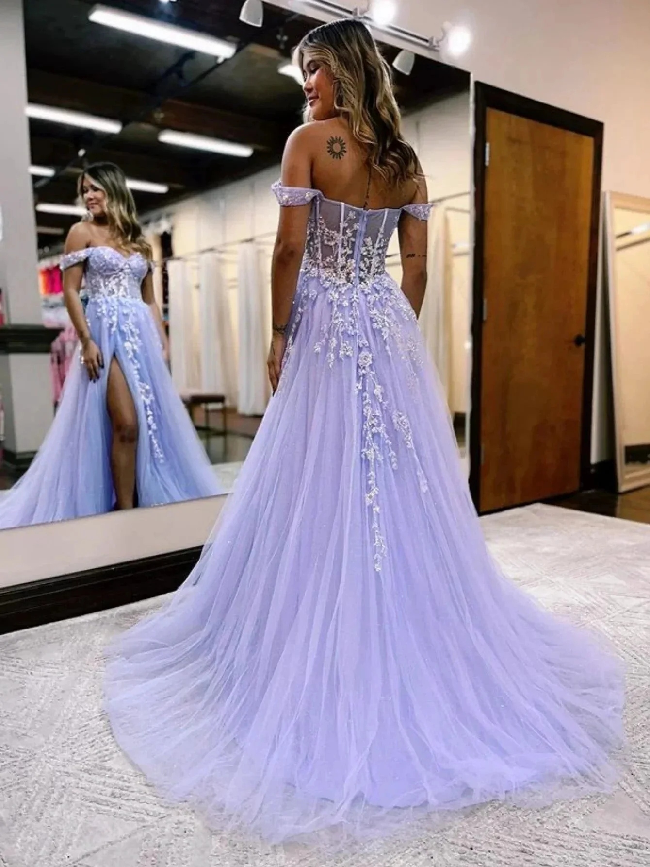 Meadow |A Line Off the Shoulder Lace Tulle Prom Dress With Slit - Image 2