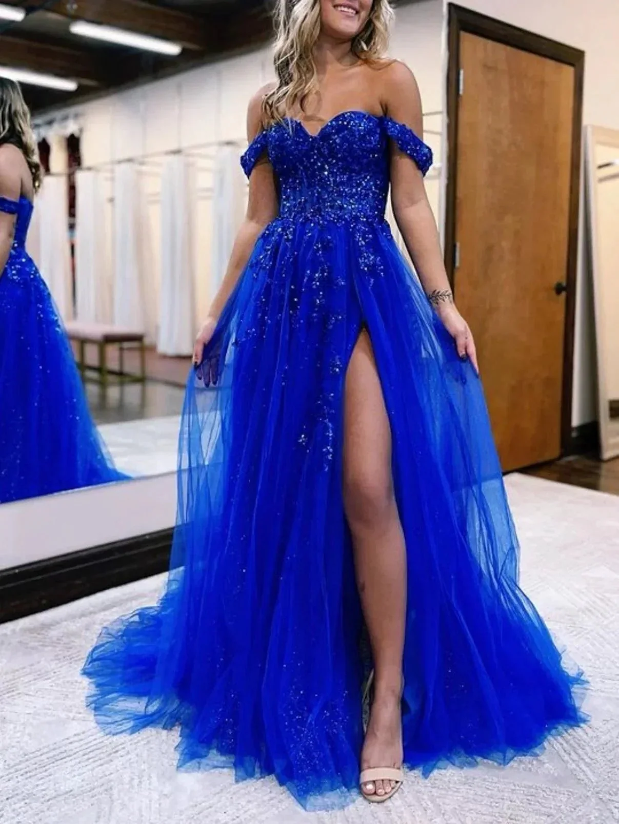 Meadow |A Line Off the Shoulder Lace Tulle Prom Dress With Slit - Image 3