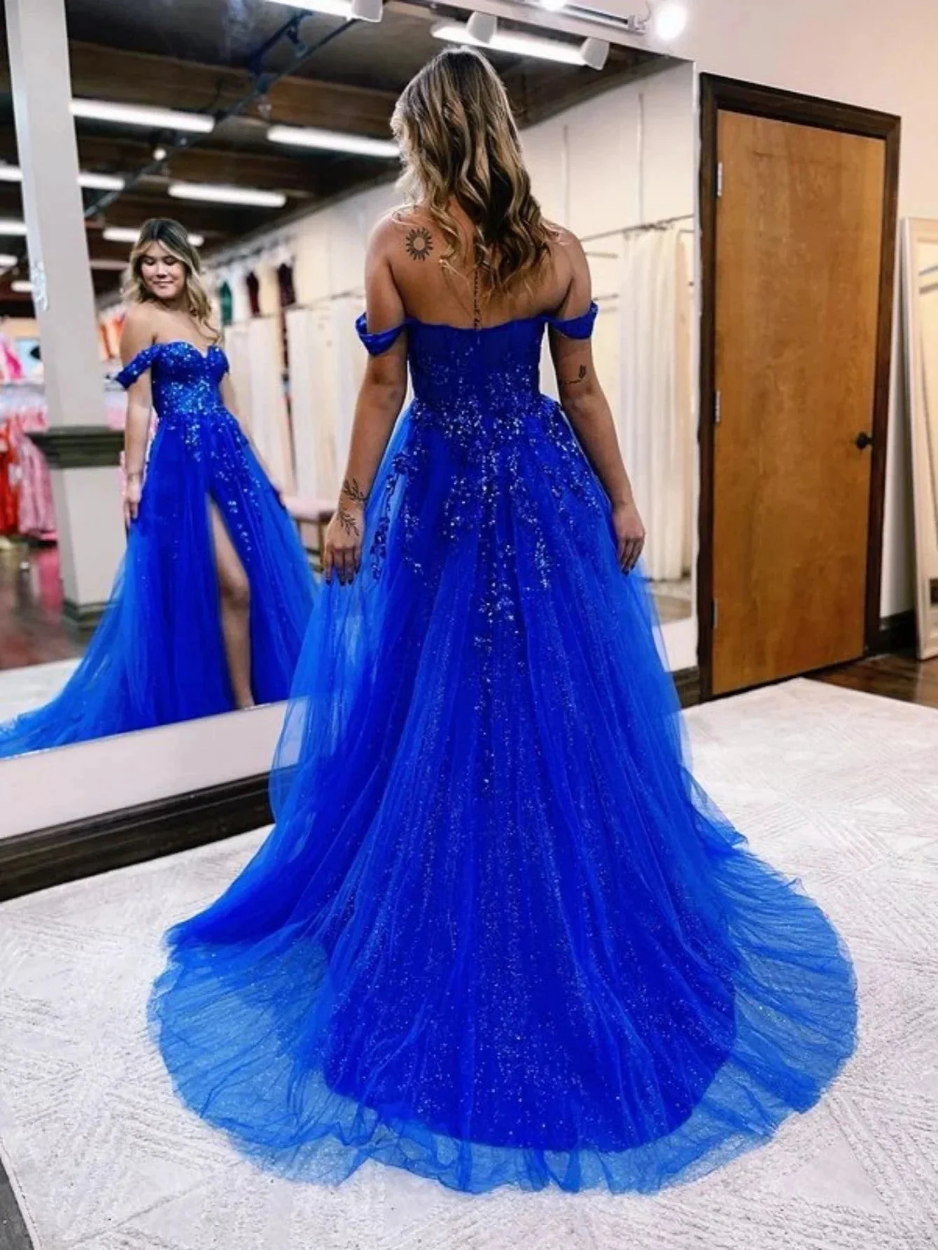 Meadow |A Line Off the Shoulder Lace Tulle Prom Dress With Slit - Image 4