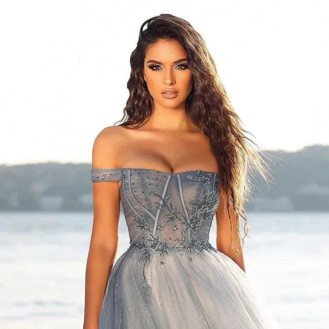 A-line Long Glitter Off-the-shoulder Gray Prom Dresses - Image 2