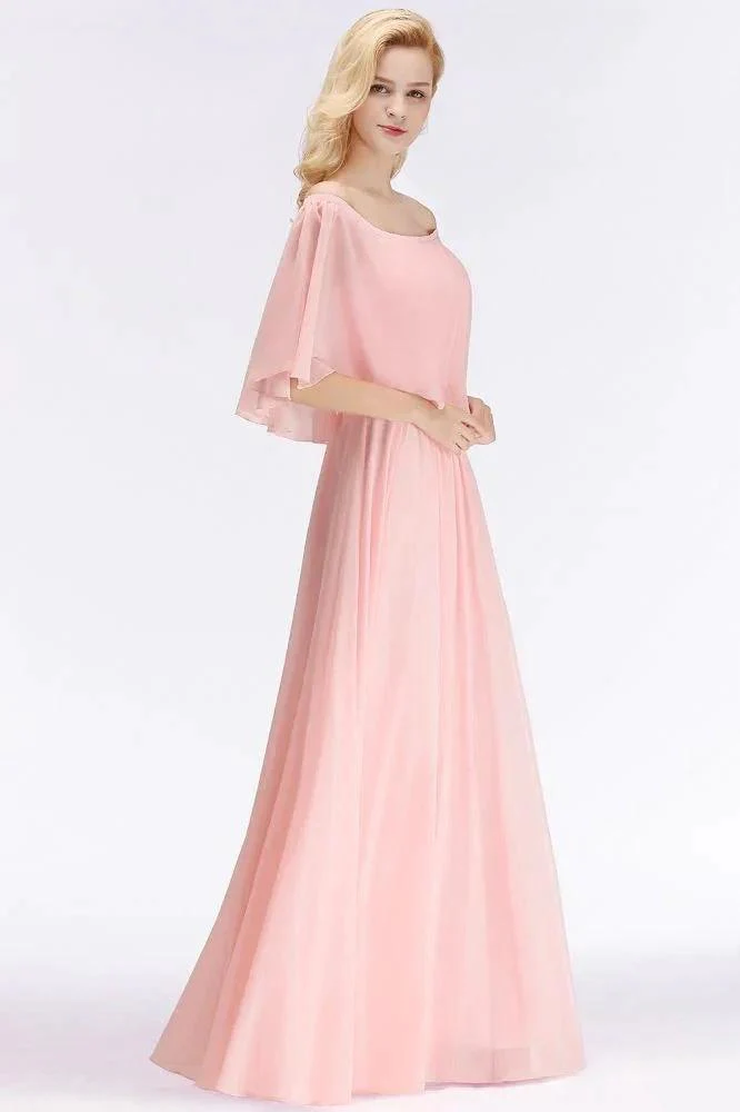 A-line Long Off-the-shoulder Pink Bridesmaid Dresses with Sleeves - Image 2