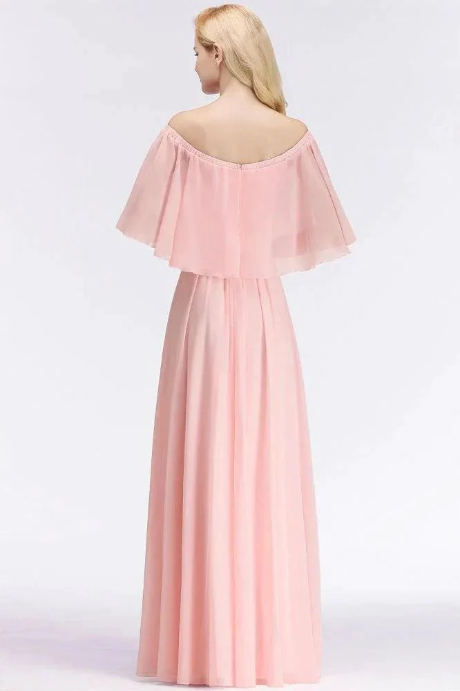 A-line Long Off-the-shoulder Pink Bridesmaid Dresses with Sleeves - Image 3