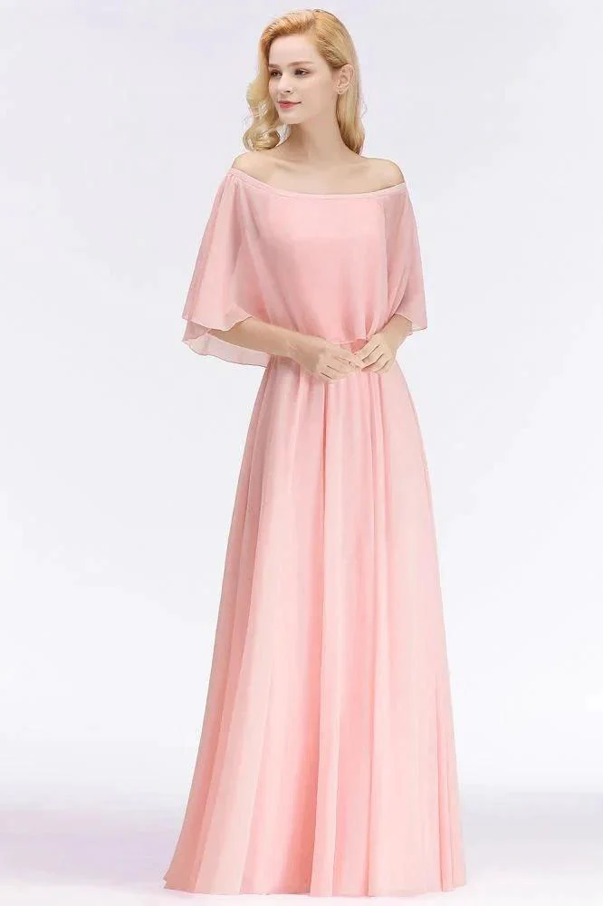 A-line Long Off-the-shoulder Pink Bridesmaid Dresses with Sleeves - Image 4