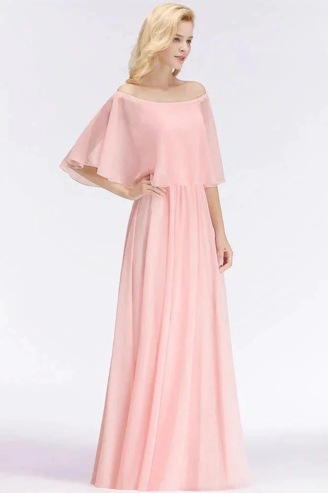 A-line Long Off-the-shoulder Pink Bridesmaid Dresses with Sleeves - Image 5