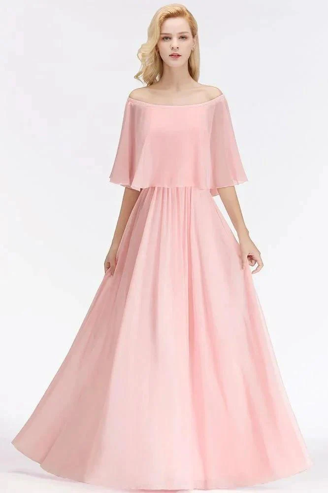 A-line Long Off-the-shoulder Pink Bridesmaid Dresses with Sleeves - Image 7