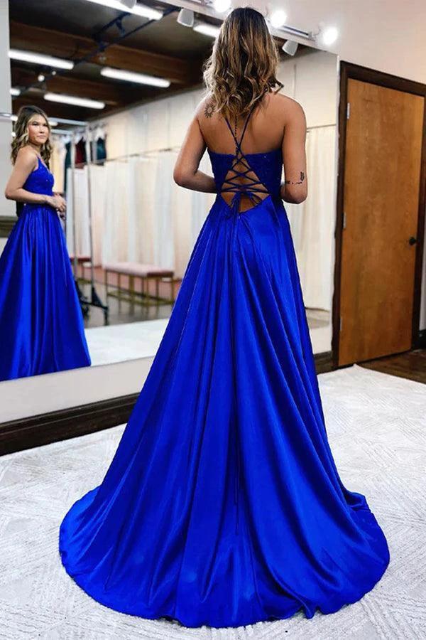 A-Line Long Satin Dark Green Prom Evening Dress with Split  PSK406 - Image 4
