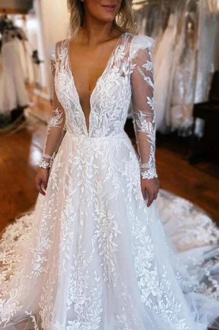 A-Line Long Sleeve Floor-Length Fabulous V-Neck Tulle Wedding Dresses with Appliques - Image 2