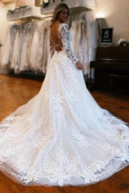 A-Line Long Sleeve Floor-Length Fabulous V-Neck Tulle Wedding Dresses with Appliques - Image 3