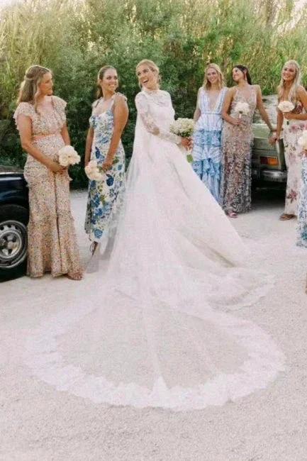 A-Line Long Sleeve Square Neck Floor-Length Tulle Open Back Wedding Dresses with Lace - Image 2