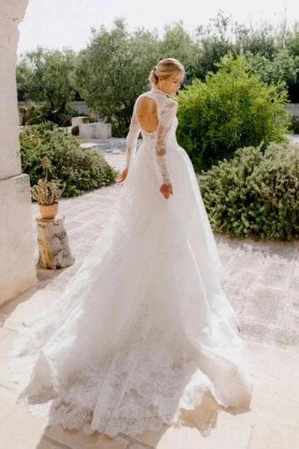 A-Line Long Sleeve Square Neck Floor-Length Tulle Open Back Wedding Dresses with Lace - Image 3