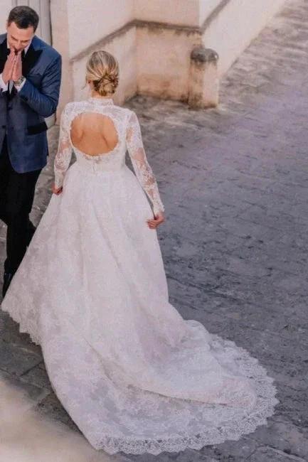 A-Line Long Sleeve Square Neck Floor-Length Tulle Open Back Wedding Dresses with Lace - Image 4