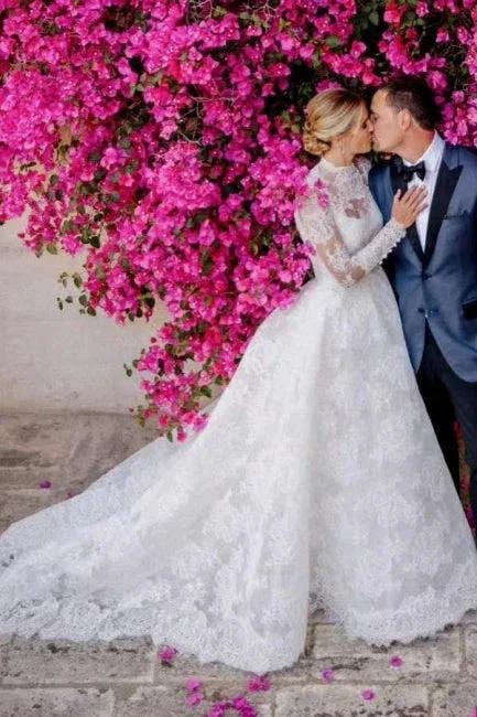 A-Line Long Sleeve Square Neck Floor-Length Tulle Open Back Wedding Dresses with Lace - Image 6