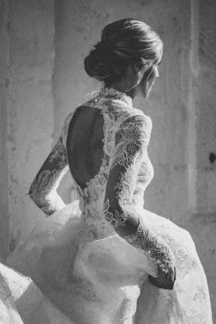 A-Line Long Sleeve Square Neck Floor-Length Tulle Open Back Wedding Dresses with Lace - Image 7