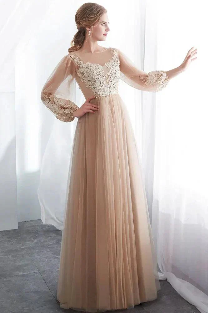 A-line Long Sleeves Appliques Tulle Champagne Evening Dress - Image 2