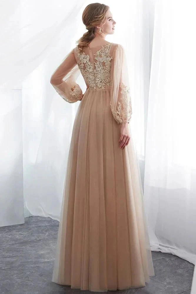 A-line Long Sleeves Appliques Tulle Champagne Evening Dress - Image 3