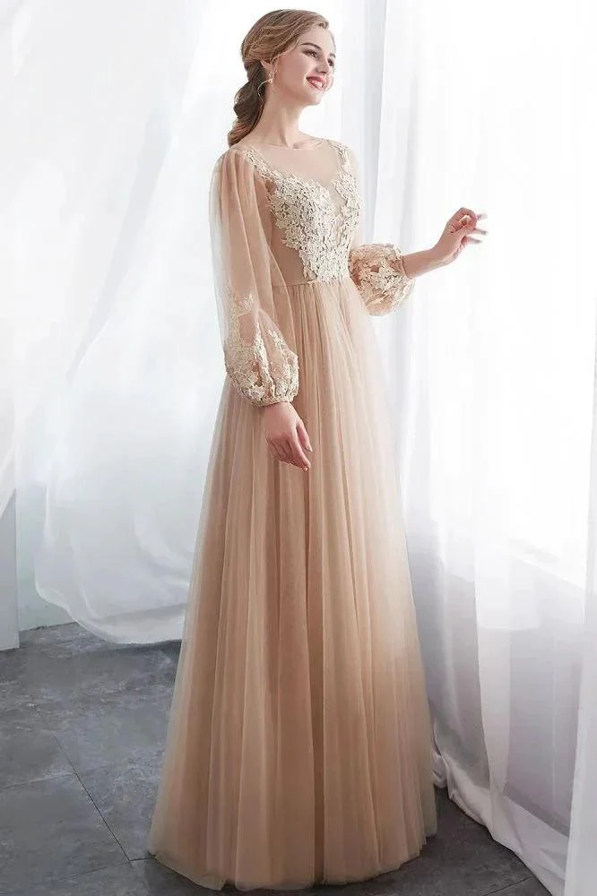 A-line Long Sleeves Appliques Tulle Champagne Evening Dress - Image 4