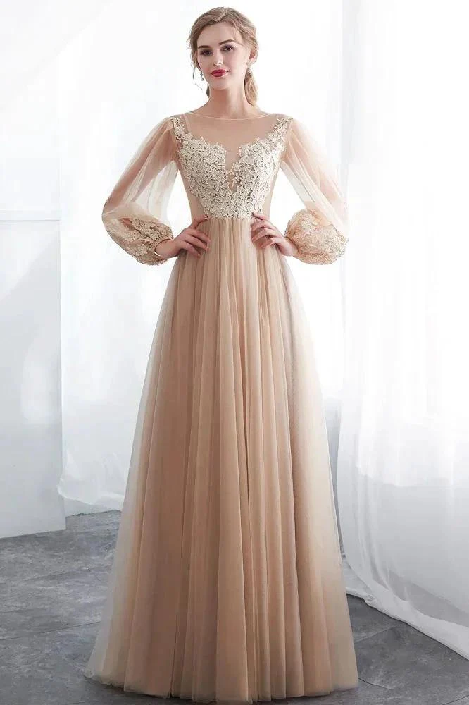 A-line Long Sleeves Appliques Tulle Champagne Evening Dress - Image 5