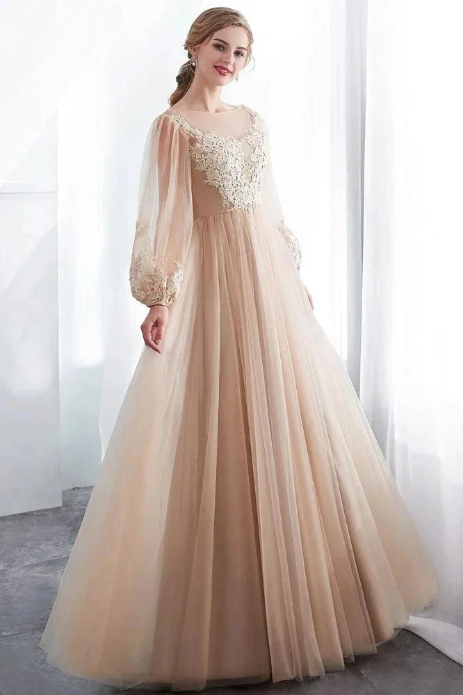 A-line Long Sleeves Appliques Tulle Champagne Evening Dress - Image 6