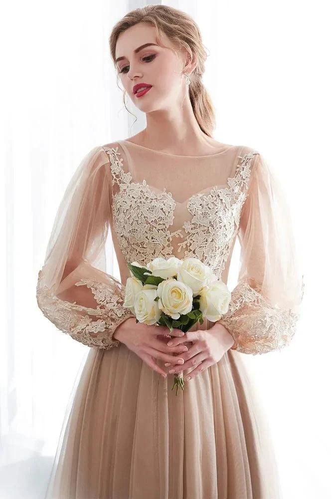 A-line Long Sleeves Appliques Tulle Champagne Evening Dress - Image 7