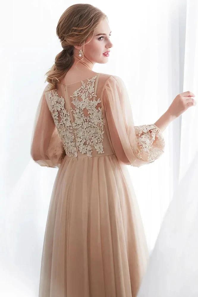 A-line Long Sleeves Appliques Tulle Champagne Evening Dress - Image 8