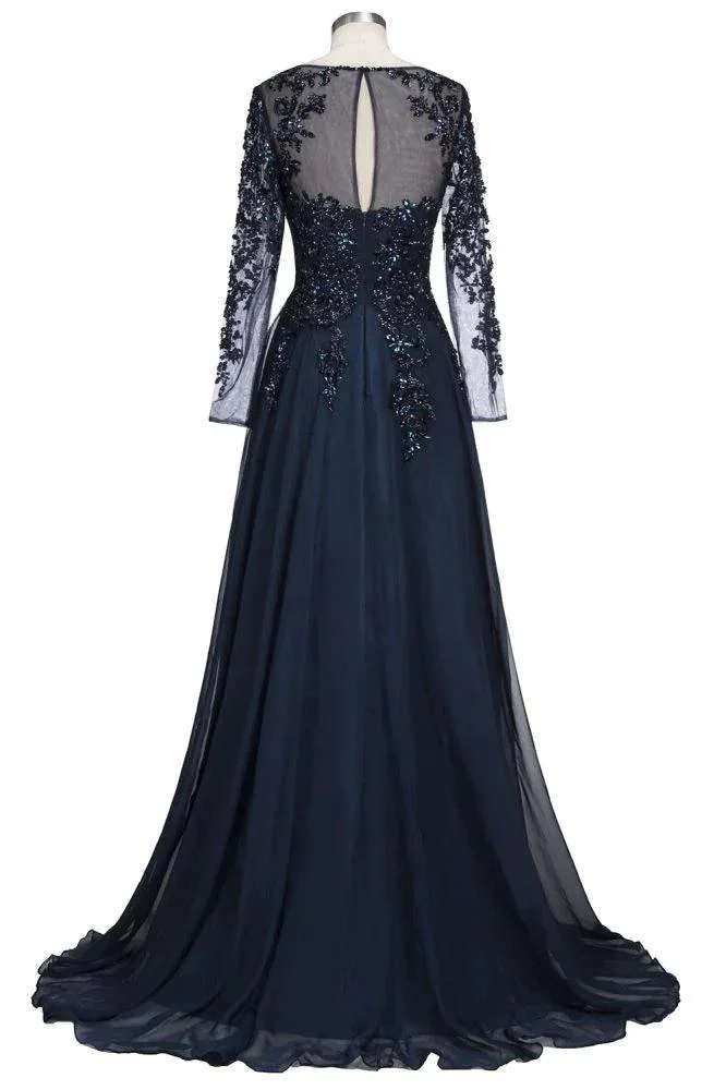A-line Long Sleeves Plus Size Floor Length Crystals Tulle Prom Dresses - Image 2