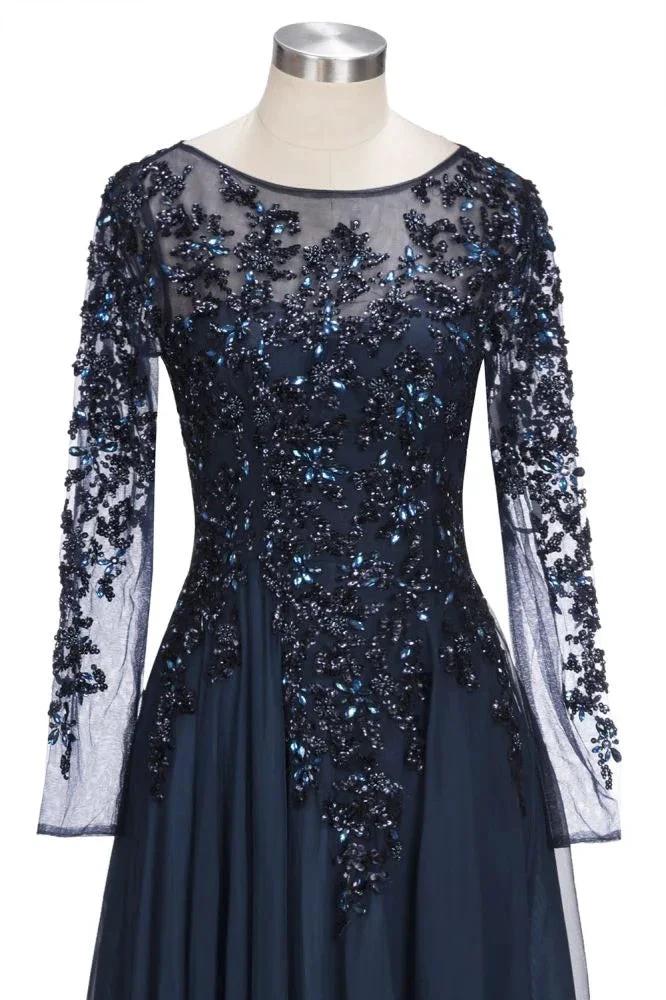 A-line Long Sleeves Plus Size Floor Length Crystals Tulle Prom Dresses - Image 3