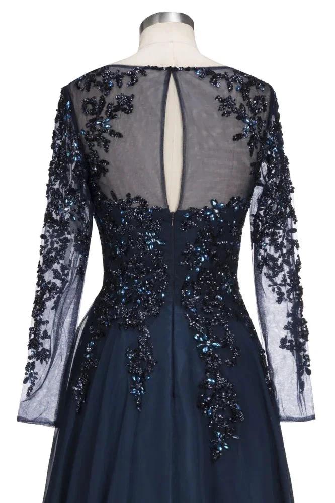 A-line Long Sleeves Plus Size Floor Length Crystals Tulle Prom Dresses - Image 4