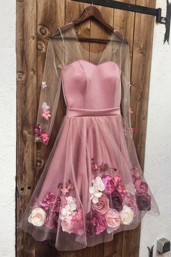 A Line Long Sleeves Short White Floral Prom Dresses Homecoming Dresses PD346 - Image 2