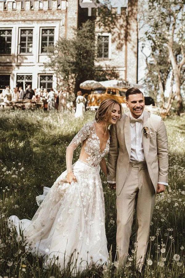 A-line Long Sleeves Wedding Dresses Lace V Neckline Bridal Gowns WD584 - Image 2