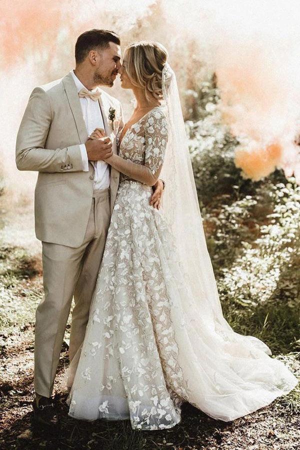 A-line Long Sleeves Wedding Dresses Lace V Neckline Bridal Gowns WD584 - Image 3