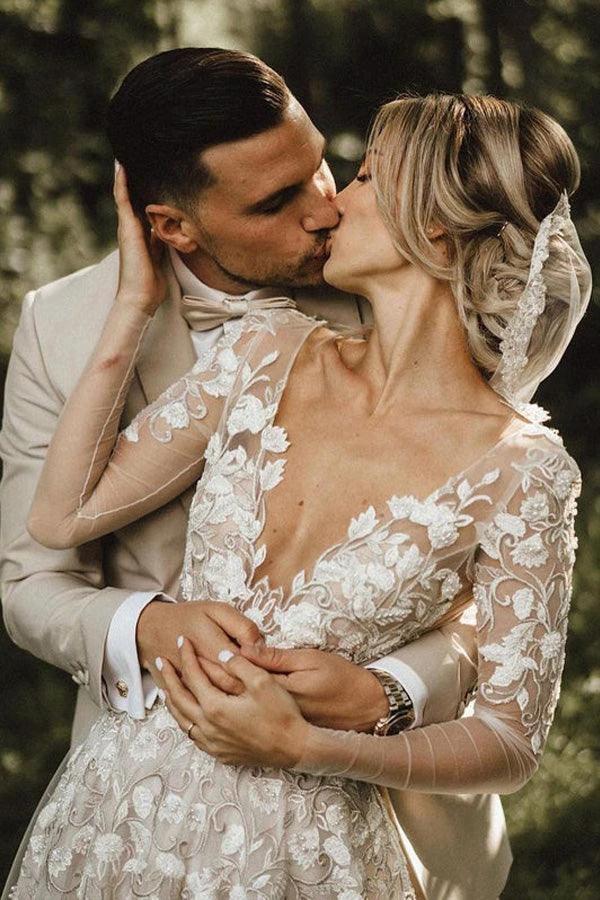 A-line Long Sleeves Wedding Dresses Lace V Neckline Bridal Gowns WD584 - Image 4