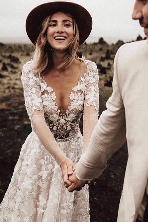 A-line Long Sleeves Wedding Dresses Lace V Neckline Bridal Gowns WD584 - Image 5