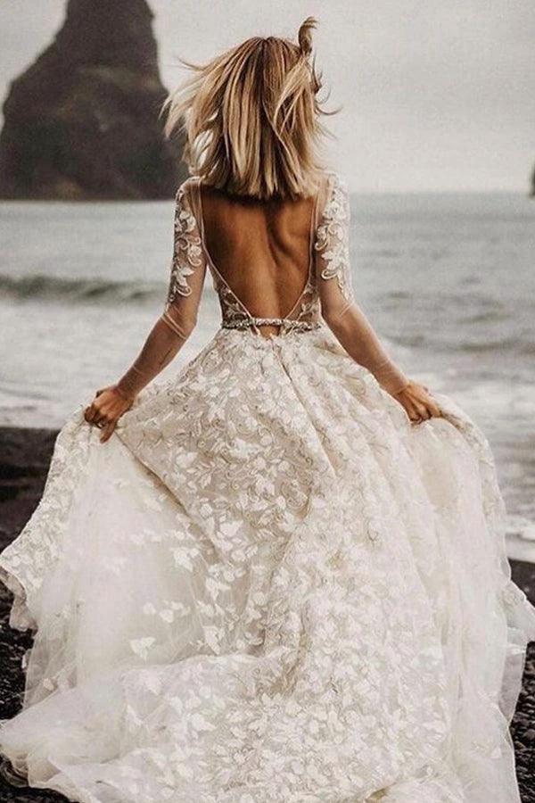 A-line Long Sleeves Wedding Dresses Lace V Neckline Bridal Gowns WD584 - Image 6