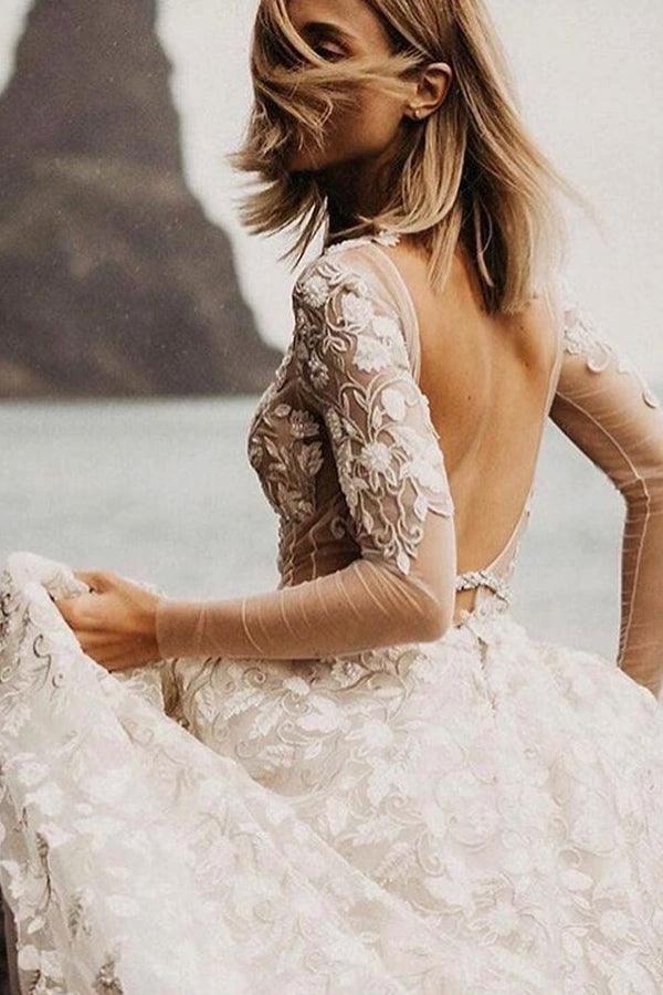 A-line Long Sleeves Wedding Dresses Lace V Neckline Bridal Gowns WD584 - Image 7