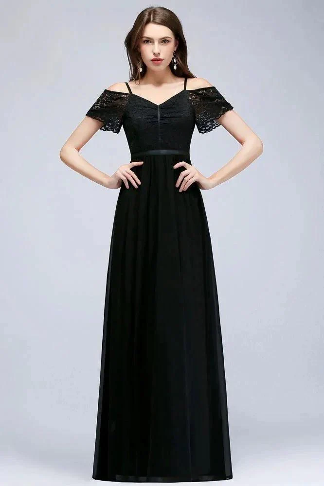 A-line Long Spaghetti V-neck Black Lace Chiffon Bridesmaid Dress - Image 2