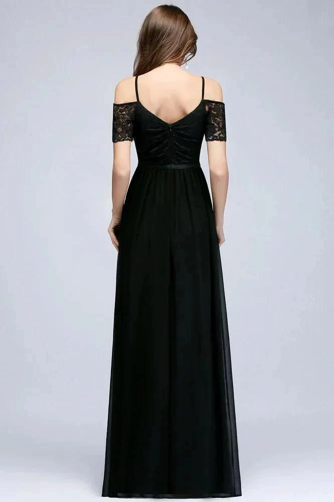 A-line Long Spaghetti V-neck Black Lace Chiffon Bridesmaid Dress - Image 3