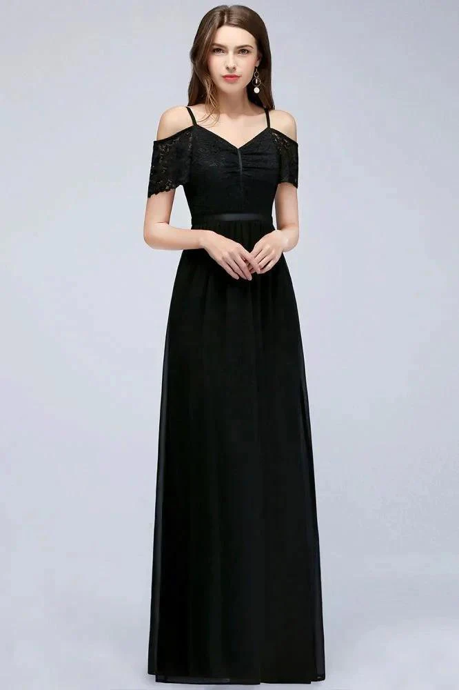 A-line Long Spaghetti V-neck Black Lace Chiffon Bridesmaid Dress - Image 4