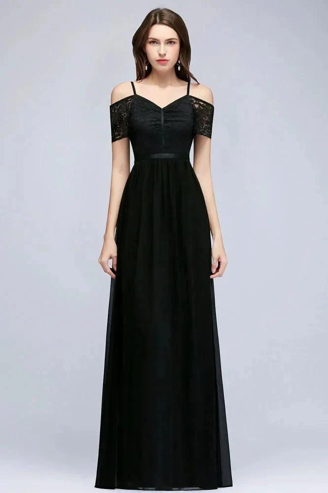 A-line Long Spaghetti V-neck Black Lace Chiffon Bridesmaid Dress - Image 5