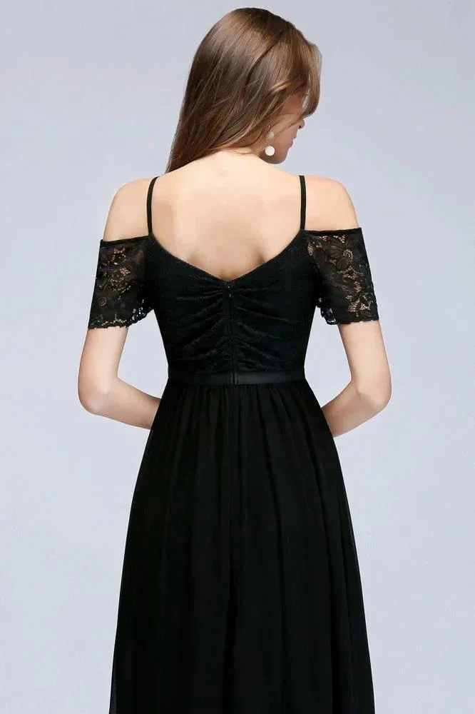 A-line Long Spaghetti V-neck Black Lace Chiffon Bridesmaid Dress - Image 7