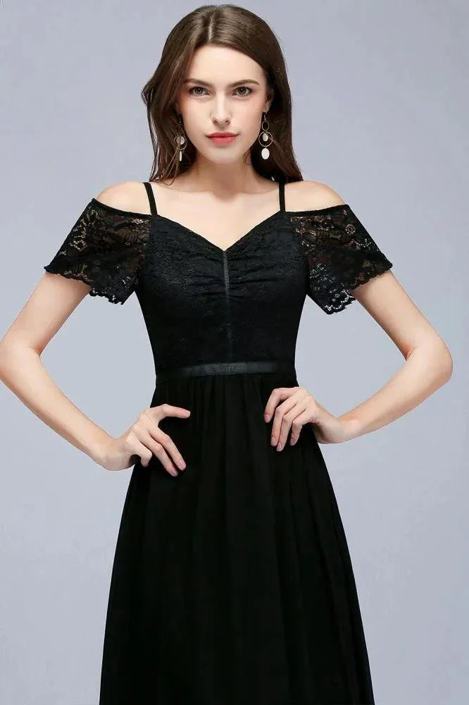 A-line Long Spaghetti V-neck Black Lace Chiffon Bridesmaid Dress - Image 8
