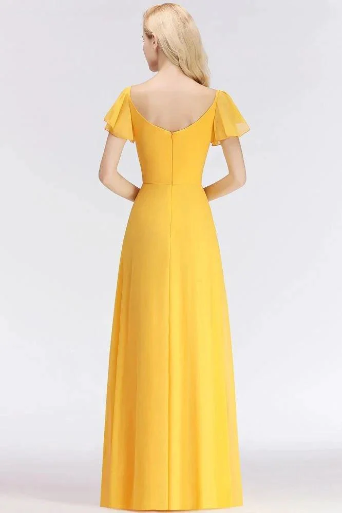 A-line Long V-neck Short Sleeves Yellow Chiffon Bridesmaid Dresses - Image 2