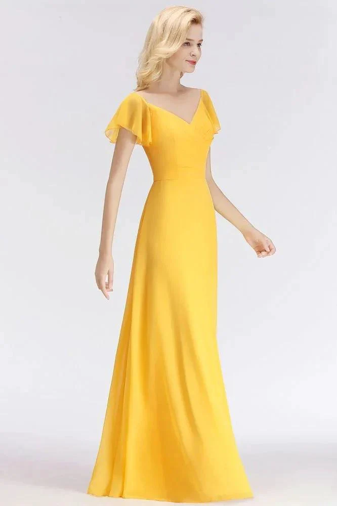 A-line Long V-neck Short Sleeves Yellow Chiffon Bridesmaid Dresses - Image 3