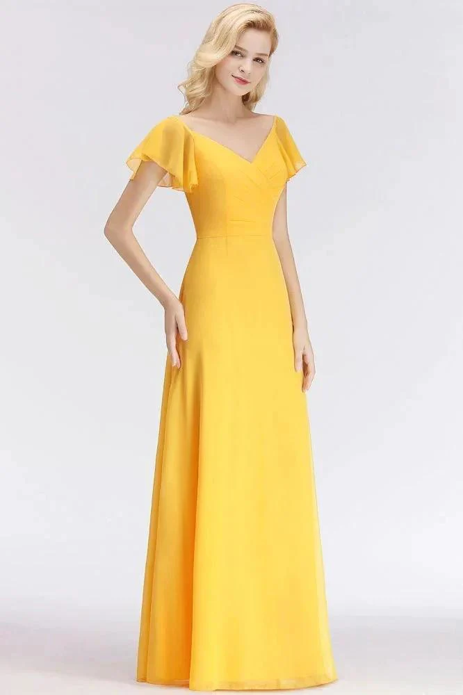 A-line Long V-neck Short Sleeves Yellow Chiffon Bridesmaid Dresses - Image 4